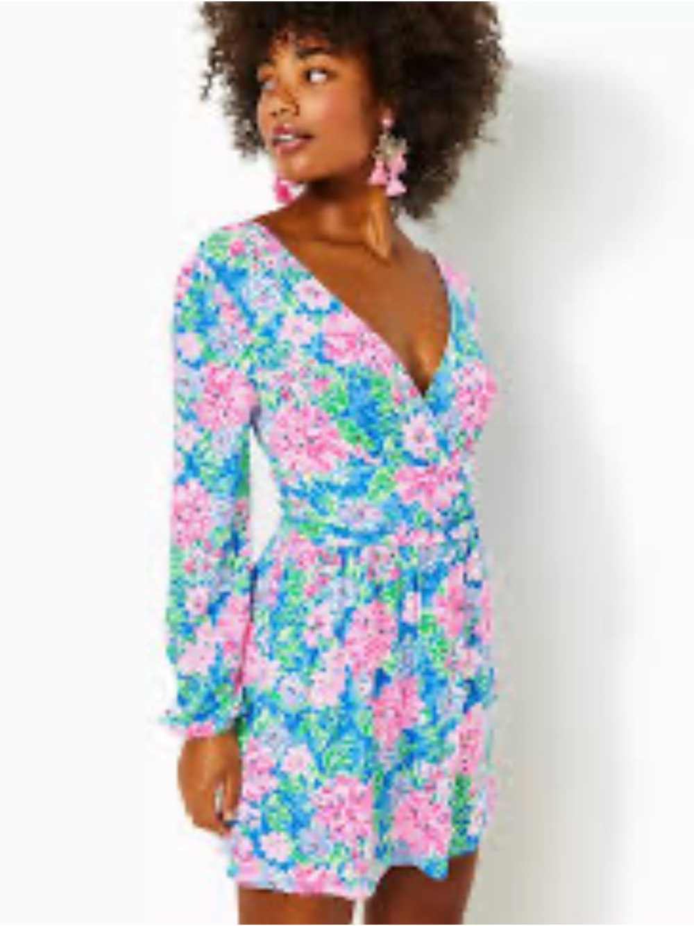 Lilly Pulitzer Blue, Pink & Green Floral Wrap Long Sleeve Mini Dress